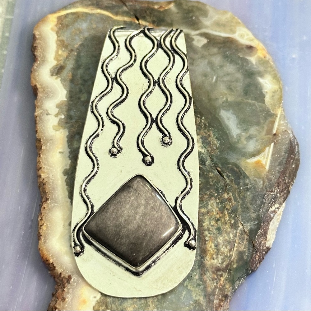 Hand Crafted SILVER SHEEN OBSIDIAN Silver-Tone Necklace Art Deco Style - Picture 5 of 12